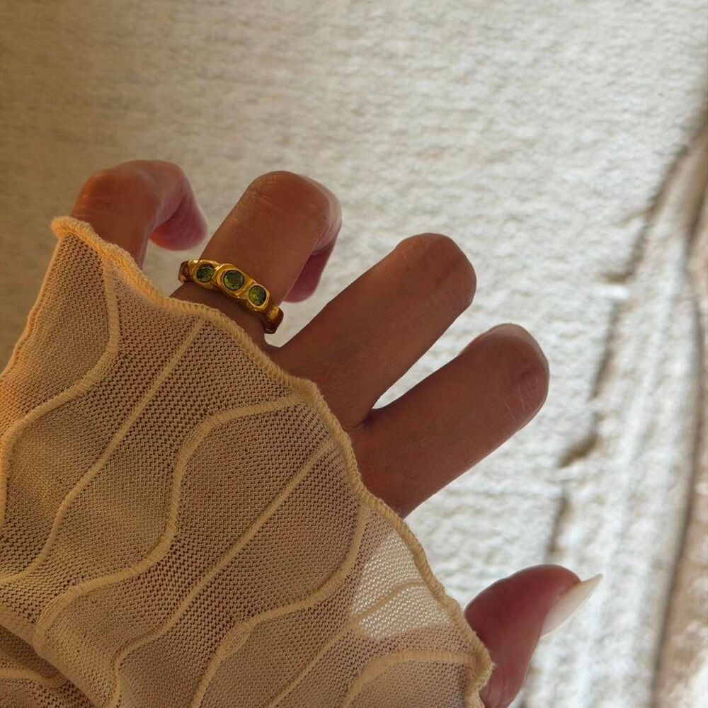 Gold Stainless Steel Green Zircon Three Stone Ring